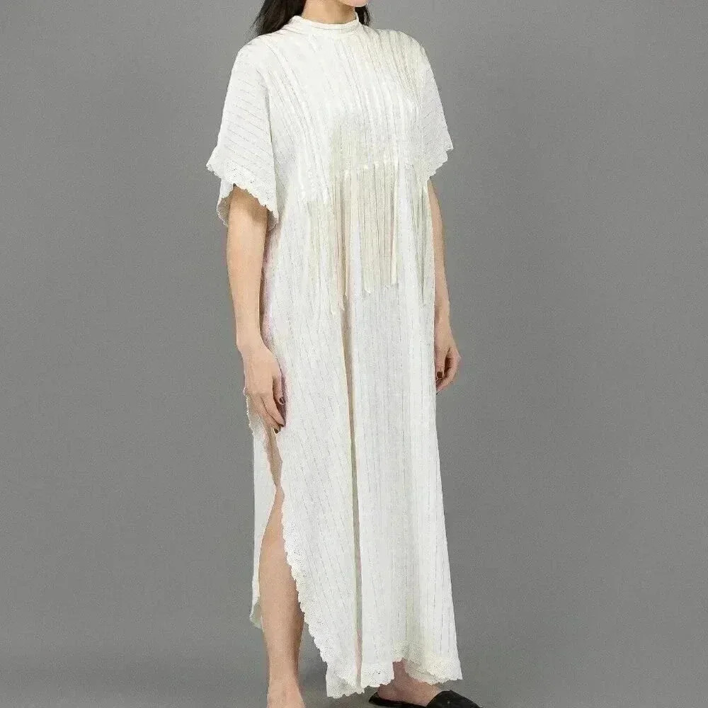 Vintage 70s White Caftan Size Medium Boho Chic Long Maxi‎ Dress Summer Wedding - Picture 3 of 6